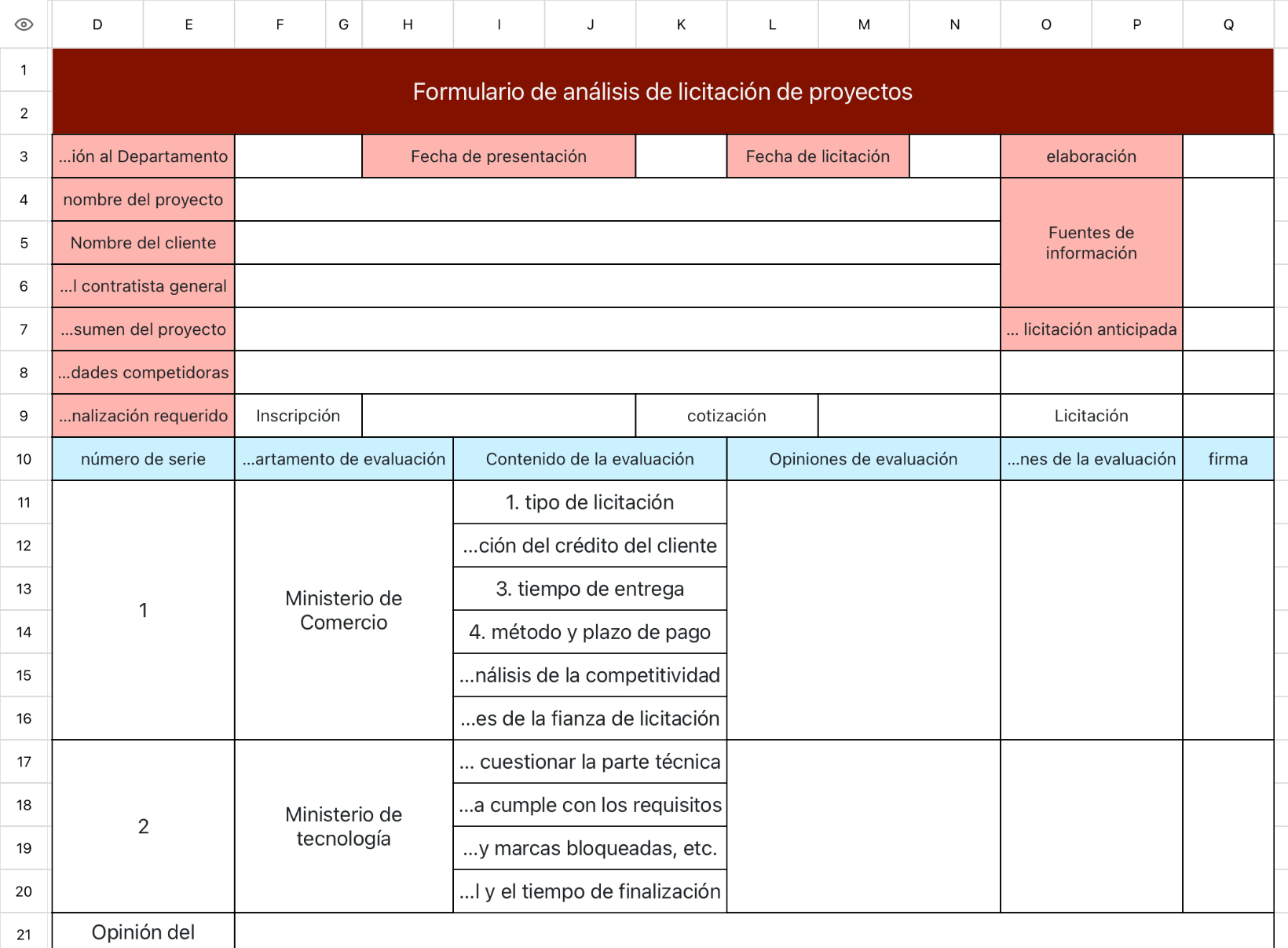 Formulario de análisis de licitación de proyectos